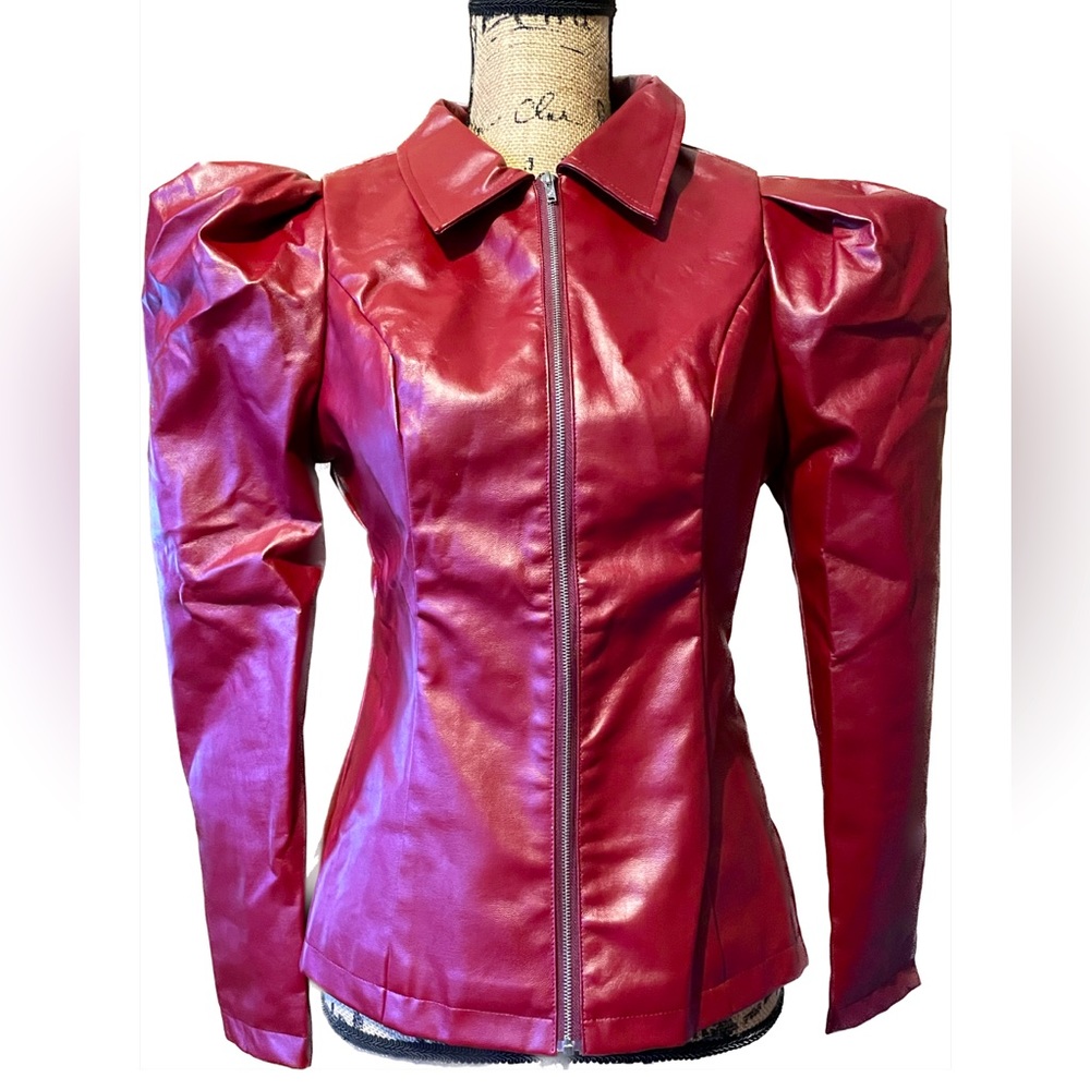 SHEIN PU leather jacket with dramatic shoulders.